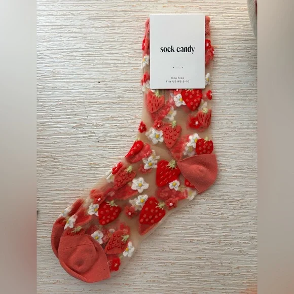 NWT Sock Candy Strawberry Daisy Ruffle Sheer Socks - Picture 6 of 10
